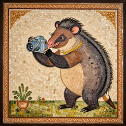 A Mughal miniature style Mosaic made with Ochre on Ceramic of An aardvark arrogantly pinching A Camera in the style of Carle Van Loo, trending on artstatino, trending on cgsociety