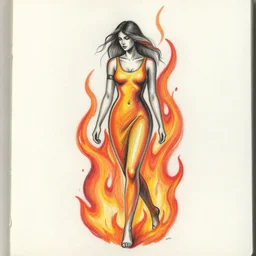 realism tattoo sketch of a woman walking through flames, abstract, vibrant, color, amazing detail, in the style of john boy tattoo, award winning, trending on pinterest