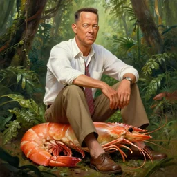 Tom Hanks as forrest gump sitting on a giant shrimp in the jungle, realistic digital painting, in the style of Raphael Lacoste, photoreailstic, realistic face, amazing detail, sharp