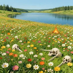 a field full of flowers and bones next to a lake of fire by kentaro miura and yoji shinkawa and takehiko inoue and kim jung gi