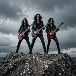 satanic guitar player trio in the top of a rock