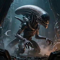 in a horrific H.R. Giger alien ship , 8k, HDR, award-winning, trending on artstation, smooth, sharp focus, super resolution,  cinematic, volumetric lighting, unreal engine 5