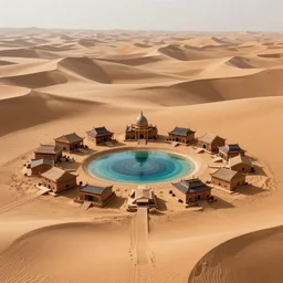The spiritual village of a lost civilization built near the water of a lone oasis in the center of a seemingly infinite sand desert full of tall sand dunes, concept art, game art, trending on art station, digital 2d, matte painting