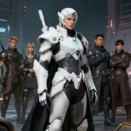 high intricate male warrior with white sci - fi armor and black garment, space harbor, maria panfilova, andrea savchenko, mike kime, ludovic plouffe, qi sheng luo, oliver cook, julian calle, eddie mendoza, trending on artstation