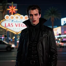 35mm kodak portra portrait of chris evans as a darkwave vampire on the Las Vegas strip at night by tomer hanuka and tom bagshaw, hyper realism, high detail, octane render, 8k, trending on artstation, CGsociety, concept art