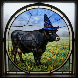 a detailed stained glass window of a cow standing in a grassy field wearing a witch hat, cow wearing hat!!! viewed in profile and far away, fog in the background, ultrawide lens, aerial photography, black and blue color scheme with gold highlights, art by greg rutkowski and alphonse mucha, artstation, 8 k