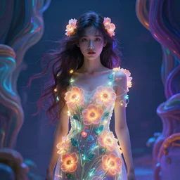 ai - generated art, generated by a conscious ai image generator set to a combination of [ photorealistic, psychedelic, self - aware, design your own avatar, lady with glowing flowers dress ] mode