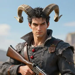 game concept art handsome tall man with large curved imp horns on a head, black and white striped short hair, tattered slate gray collared coat with red buttons, holding old musket, art by charles liu, closeup shot, fantasy style, soft lighting, vibrant color scheme, ultra detailed, volumetric lighting, octane render, commission art, 8 k wallpaper