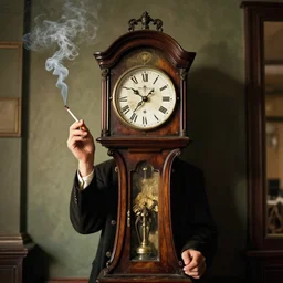 humanoid grandfather clock smoking a cigarette with a 1920's noir photo theme