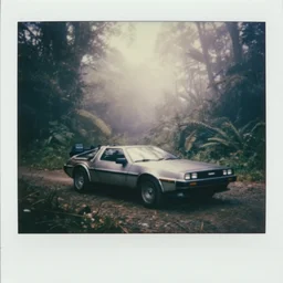 trans - formers delorean armored, fog, in deep jungle forest jungle, overcast! cinematic focus, old damagaed polaroid photo, vintage, neutral colors, faded!! very soft lights, big overcast, very foggy, full shot by steve hanks, by serov valentin, by lisa yuskavage, by andrei tarkovsky