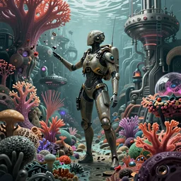 amphibious woman exploring a vibrant alien reef, Industrial Scifi, detailed illustration, Chiaroscuro, concept art, by Martin Grip and Moebius