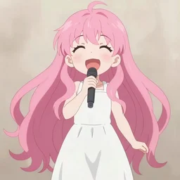 anime style, vivid, expressive, full body, 4 k, a cute girl with white skin and long pink wavy hair singing a song, heavenly, stunning, realistic light and shadow effects, happy, centered, landscape shot, happy, simple background, studio ghibly makoto shinkai yuji yamaguchi