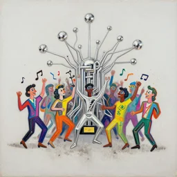 minimalistic, dust evolving into chrome neural networks. picasso, party, neon, colorful, party happy dancing characters, music, stunning, award, artstation, winning masterpiece by marc simonetti, by moebius and basquiat, oil on canvas