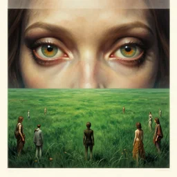 close up sci - fi hippie poster art simon stalenhag eldritch eyes, taupe demon skin, a large green field, elegant, highly detailed, centered, digital painting, concept art, smooth, sharp focus, illustration, artgerm, tomasz alen kopera, peter mohrbacher, donato giancola, joseph christian leyendecker, wlop, frank fra