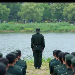 a CCTV footage of an executioner infront of a lake at a summer camp, long shot.
