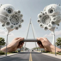 street view of a bridge being held up by two handsl, fantasy landscape made of fractals facing each other, ultra realistic, wide angle, intricate details, the fifth element artifacts, highly detailed by peter mohrbacher, hajime sorayama, wayne barlowe, boris vallejo, aaron horkey, gaston bussiere, craig mullins