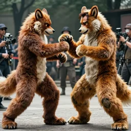 still of nicolas cage fighting furry cosplayers, 4 k, amazing details, 3 5 mm, beautiful choreographed fight scene, beautiful composition, shot by director park chan - wook