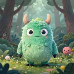 A cute little monster in a misty forest art style by Takashi Murakami, Trending on artstation, artstationHD, artstationHQ, 4k, 8k