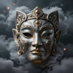 an elaborate intricate mask surrounded by storm clouds, rendered in octane, behance hd, bokeh backdrop