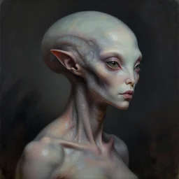 portrait of extraterrestrial female lifeform, three quarter view, intelligent, dramatic lighting, painted by andreas rocha