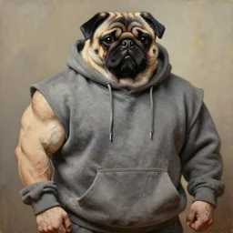 muscular oversized dog pug bodybuilder is wearing a hoodie , heavy texture victorian  natural oil painting body shot