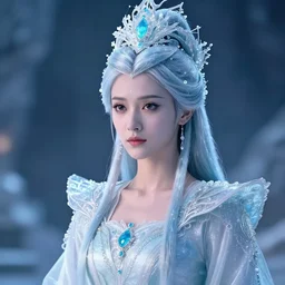beautiful ice queen with ornate crown and robes highly detailed, 4k, HDR, smooth, sharp focus, hyper realistic, high resolution