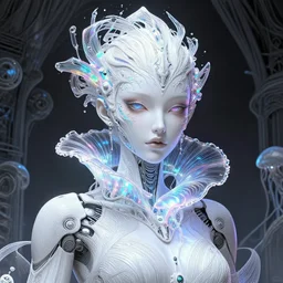 portrait of an absurdly beautiful, graceful, sophisticated, fashionable cyberpunk mechanoid, hyperdetailed illustration by irakli nadar, matt wisniewski style, intricate linework, white porcelain skin, iridescent fractal headdress, day - glow facepaint, jellyfish led electronic ruff neckware, unreal engine 5 highly rendered, global illumination, radiant light, detailed and intricate environment