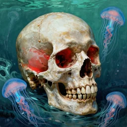 a single skull in the sea by josan gonzalez and dan mumford and greg hildebrandt and donato giancola and raymond swanland and peter driben and william - adolphe bouguereau, glowing red skull, blue jellyfish, green water, highly detailed, high contrast, intricate details, blended palette