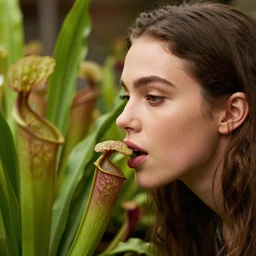 wonderful world of carnivorous plant eating a woman, the woman has a beautiful face. photographed  in high resolution, 8k, by fragonard