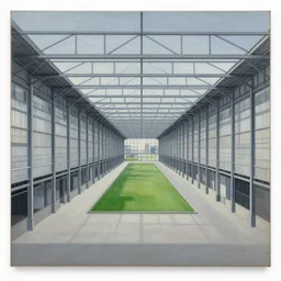 a painting by giorgio de chirico of an elongated industrial warehouse that extends through the city containing a park inside designed by oma