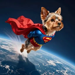 yorkie in the suit of superman flies away from earth