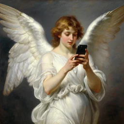 a glorious oil painting of an angel talking with an iPhone, by Bouguereau, highly realistic and intricate