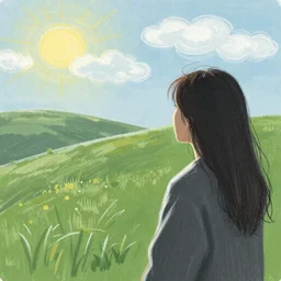 side profile of woman in shadow overlooking a green hillside, white chalk outline in the distance, sun shining and clouds in the sky sketch quality or painting