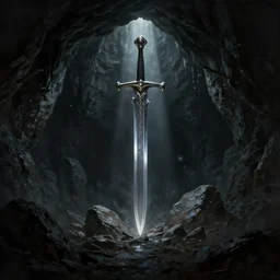 epic dark cave matte painting by anato finnstark by peder balke by peder balke by chip zdarsky, rocks and stone dark mystic. single ray of light in center illuminating a large sword. artstation brushed illustrated print epic agony desperate metal kvlt nordic noir cave dark widescreen format videogame title