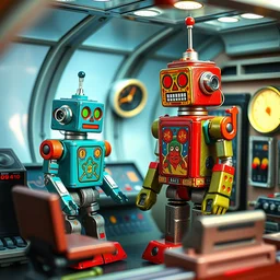 digital color photo of two 1 9 4 0 s - style tin - toy robots, inside a small diorama of a spaceship control room