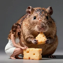 hybrid of chloe bennet and a giant rat eating cheese, large hairy rat, half korean actress wearing glasses, short hair, round face, fantasy illustration, rutkowski, highly detailed, hd