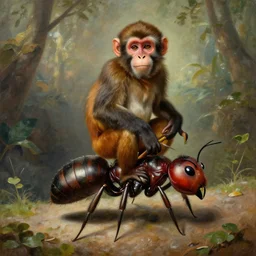 a monkey riding a giant ant, by most renowned artist of the romanticism, hiperrealism,