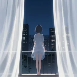 white curtains, girl animated character, digital art, artwork, hd wallpaper, tal art artwork women cityscape balcony short hair barefoot anime anime girls night city guweiz rella one person adult indoors window sitting sky silhouette rear view architecture nature contemplation looking dark solitude transparent young adult looking at view skyscraper white curtains girl animated character