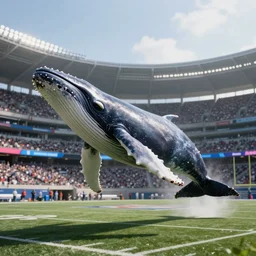 ! dream a humpback whale flying in the air over an nfl football stadium ultra detailed realistic photograph cinematic lighting by jessica rossier