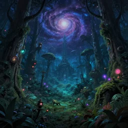 landscape by rafael aranda, cosmic magic realism forest at night sci - fi atlantis alien uv light universe galactic steampunk nightvision nature at dusk fisheye junglepunk myst meadow studio ghibli anime neon signs at summer darkacademia postcyberpunk, archdaily, wallpaper, highly detailed, trending on artstation.