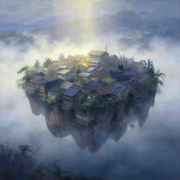 town floating in the air on a misty morning. oil painting by award - winning mangaka. backlighting, chiaroscuro, intricate details, depth of field, luminescent colors.