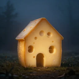 house made of cheese, dark foggy night