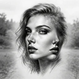 tattoo design sketch of a beautiful woman face with a faded background of beautiful nature on her side, hyper - realistic, in the style of den yakovlev, amazing detail, black and white, faded, double exposure