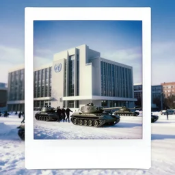 a modern 6 0 s building with the united nations logo amidst snow, winter, military marching forward with tanks, beautiful sky, polaroid