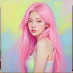 full body realistic, super detailed by pauline haynes a beautiful woman with long pink hair, adorable korean face, painting by rob gonsalvez and ren hang, vibrant neon pastel