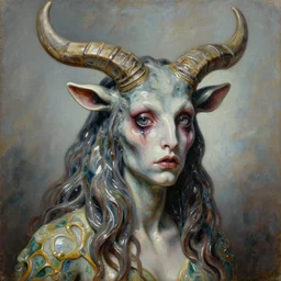 highly detailed sharp focus extremely hyperrealistic horrifying creepy 3 / 4 portrait oilpainting of minotaur lady portrait bu michael hussar in style of michael hussar and rene lalique artnouveau ceramic effect 8 k