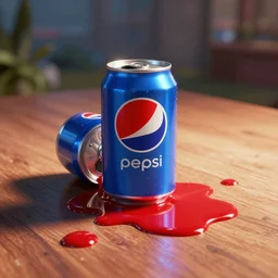 pepsi can melting into red goop puddle on table, octane 3 d render, vhs footage, low quality