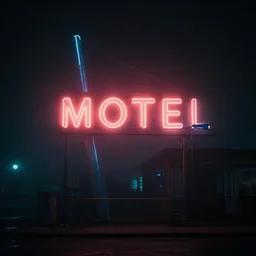 neon glow motel sign on a foggy night, dark, cinematic