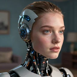 VFX movie of a futuristic robot closeup portrait in living room, beautiful natural skin neon lighting by Emmanuel Lubezki