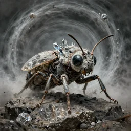 concept art of a cybernetic insects life form based on silica crystal, on a rock background, surrounded by spirals of fog, grimy, gritty, trending on artstation, award winning painting, close portrait, cgi, art by carne griffiths and charles gwathmey